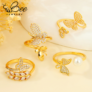 Anillo de Compromiso de Mariposa con Circonita de Alta Calidad al por Mayor, Chapado en Oro de 21k, Brillante, Irregular, Ajustable, Tipo Cóctel - Product Image 4