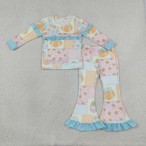 Ensemble de vêtements d'automne pour filles, hauts à carreaux avec nœuds et pantalons à volants - Product Image 1