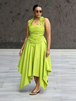 OUDINA Nouvelle Robe Longue Décontractée pour Femme Grande Taille, Couleur Bonbon, Col Halter, Sans Manches, Froncée