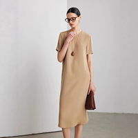 Robe de luxe 100 % soie de mûrier pour femme, 30 momme, crêpe épais, élégante, vintage, col rond, manches courtes, coupe trapèze, longueur maxi 2026
