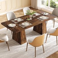 Table à manger rectangulaire en noyer de 63 pouces avec deux pieds géométriques en bois massif, imperméable et résistante aux rayures pour la maison.
