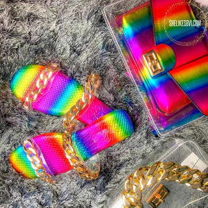 Portefeuilles arc-en-ciel et chapeau de pêcheur coloré assortis, pantoufles tendance, chapeau en cuir verni avec sacs, <span class=keywords><strong>chaussures</strong></span> pour femmes, sandales à nœud papillon - Product Image 5