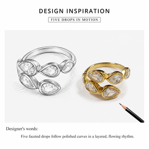 Five Pear Accent Open Stainless Steel <b>Ring</b> with 14K Gold Vacuum Plating Layered Adjustable <b>Statement</b> Design - Product Image 2