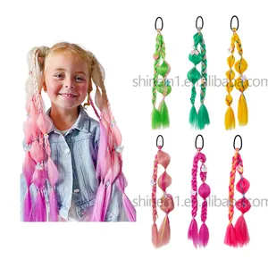 Grosir ekstensi rambut kepang anak-anak 12 inci Fashion wig sintetis kuncir kuda perempuan untuk anak-anak dengan manik-manik