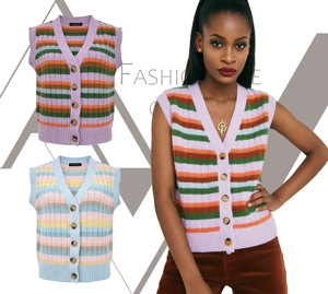 Fashion Vest Sweater Top for Women Striped Knitted Vest for <strong>Ladies</strong> <strong>Cardigan</strong> <strong>Sleeveless</strong> Daily Commuting Wear - Product Image 1