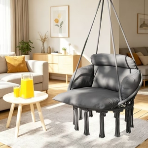 Fauteuil suspendu en hamac, chaise suspendue d'extérieur avec grand <span class=keywords><strong>coussin</strong></span>, balançoire en macramé en corde de coton avec chaîne, <span class=keywords><strong>pour</strong></span> intérieur et extérieur - Product Image 1