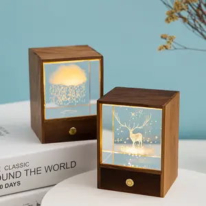 Wooden Box 3D Carved Crystal Engraving Night Light Led Luminous Wood Lamp Base Dimming Table Lamp Bedroom Gift