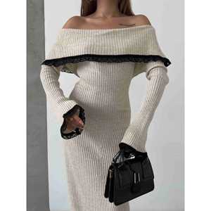 Vestido de Punto con Detalles de Encaje, Vestido Suéter para Mujer, Hombros Descubiertos, Manga Larga, Beige, Talla S - Product Image 2