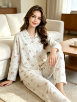 Pyjama long en coton pur respirant de luxe pour femme, automne/printemps, manches longues, en polaire fine, col rabattu, taille élastique