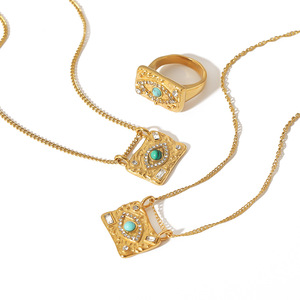 Evil Eye <b>Square</b> Pendant 18k Gold Stainless Steel Zirconia Necklace And Ring <b>Set</b> Geometric Design Gift Jewelry - Product Image 5