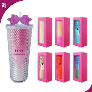 24oz Niedlicher doppelwandiger Plastikbecher, Farbverlauf-Plastik-Trinkbecher, 24 oz Eiskaffeebecher, Regenbogen-Tumbler mit Tumbler-Zubehör Schleife - Product Image 1