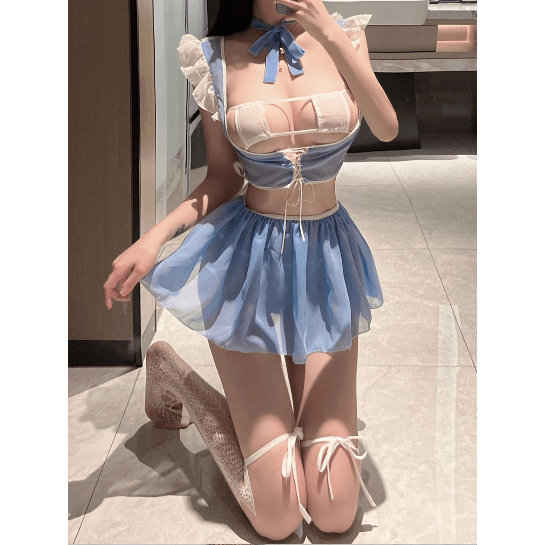 Ropa Interior Sexy Estilo JK para Mujeres - Mono Azul con Diseño Transparente y Sin Espalda, Disfraz Erótico para Juegos de Rol