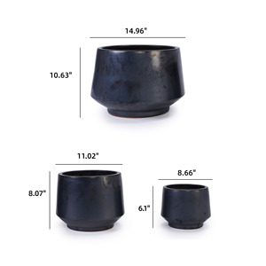 Juego de 3 macetas de cerámica hechas a mano con acabado negro mate y texturizado, de 15, 11 y 9 pulgadas de diámetro, para orquídeas y begonias. - Product Image 5