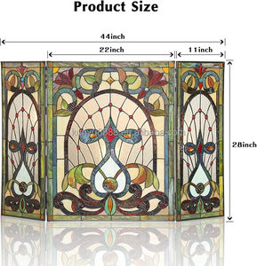 Écran de cheminée en vitrail, 3 panneaux, motif floral, décoration traditionnelle, couleur bleue, forme rectangulaire, décoration artistique, 110*70CM - Product Image 4