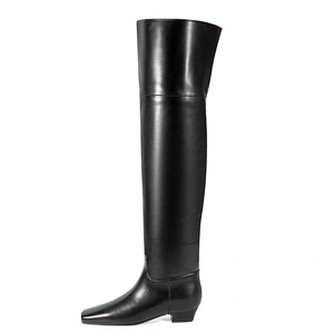 Simple Design Square Toe Shoes Over the Knee High Women Flat <b>Long</b> Boots Wide Top Low Chunky Heels Boots for Ladies - Product Image 1