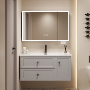 Meuble de salle de bain Koricini blanc avec éclairage LED et double vasque en céramique pour vanités de type Warehouse et Belize - Product Image 1