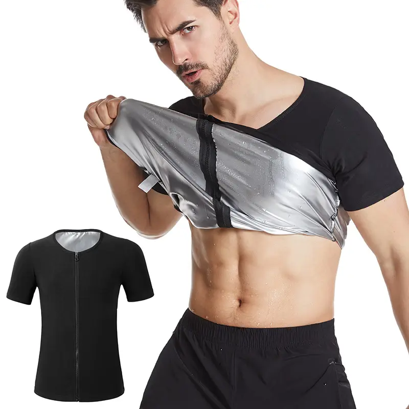 Roupas de ginástica para treinamento muscular, sauna, corrida, com zíper completo, gola redonda slim fit, camisetas de compressão para homens