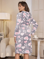 Peignoir en flanelle à capuche moelleux pour femme, en polaire double face, imprimé cœurs, avec ceinture, chaud pour l'hiver, vêtement d'intérieur et de nuit