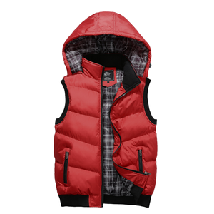 Chaleco acolchado de invierno para hombre con capucha desmontable, chaqueta sin mangas acolchada, forro a cuadros, cuello y puños de punto, cierre de cremallera - Product Image 3