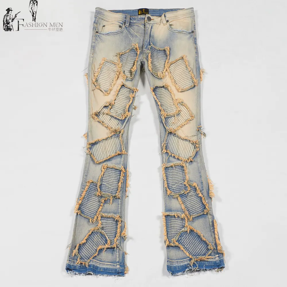 Custom denim factory flared pants jeans men's distressed wash jeans men loose stacking fit flared jeans men