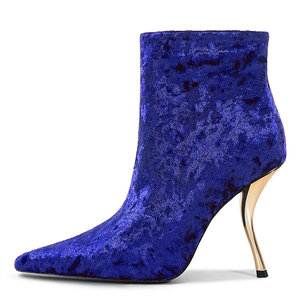 Botines de tacón irregular con gancho dorado para mujer, de terciopelo suave, con cremallera lateral y punta afilada - Product Image 2