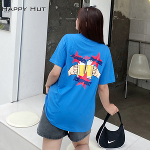 Camiseta holgada de verano para mujer de talla grande, camiseta negra con estampado de cerveza azul en la espalda, jersey de algodón N7645 - Product Image 3