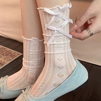 Chaussettes pour femmes à coupe ras du cou, style ballet, avec dentelle fine et motif cœur, style Miu, pour l'été, à effet froncé, séchage rapide