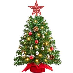 Petit sapin de Noël de table avec 30 lumières, boules étoiles, baies rouges, cônes de pin, mini sapin artificiel décoré pour Noël - Product Image 1