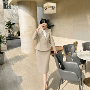 Conjunto de Blazer y Falda con Cuello Alto y Peplum Color Caqui para <span class=keywords><strong>Mujer</strong></span>, Marca Merican, con Lazo y Pañuelo, Formal, para Recepción de Hotel, Uniforme de Recepcionista, 100% - Product Image 4