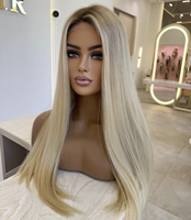 Perruque Lace Front en Cheveux Humains Blond Platine avec Mèches Blondes et Racines Ombrées pour Femme