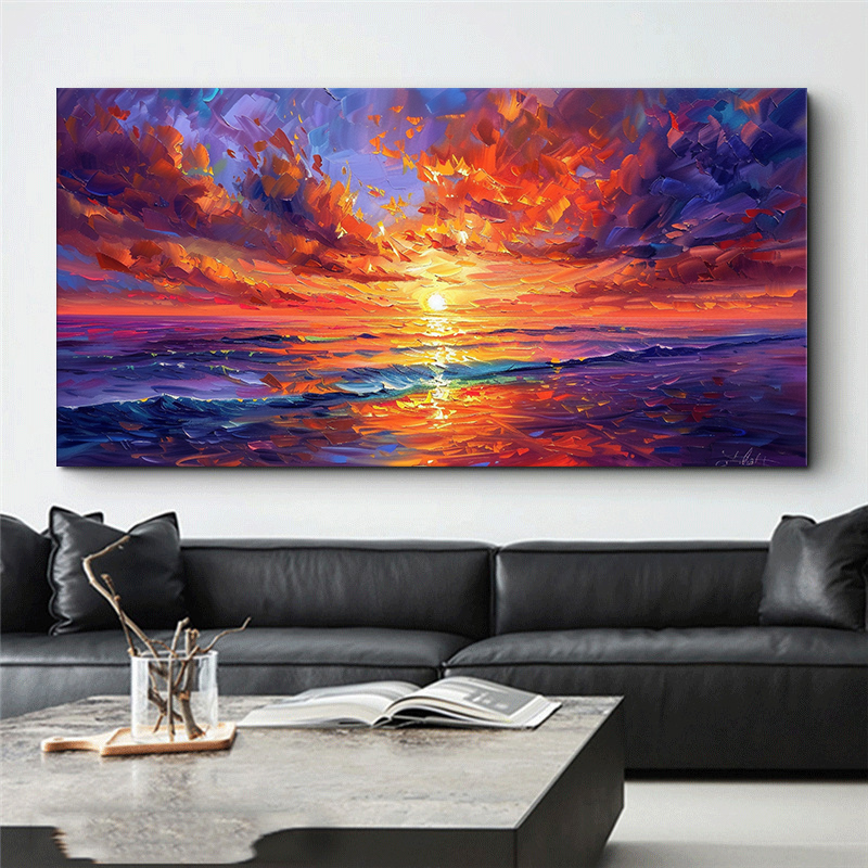 1pc Canvas Printed Stretch Frame Vibrant Sunset Canvas Ocean Reflection & Colorful Sky Print Canvas Wall Art for Home Decoration