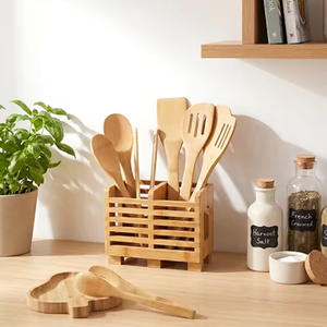 Porte-ustensiles de cuisine en <span class=keywords><strong>bambou</strong></span> avec plusieurs compartiments, organisateur ventilé pour spatules, cuillères et usage domestique quotidien - Product Image 1