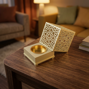 Brûleur d'encens en métal doré avec design géométrique découpé au laser, support aromatique pour la décoration de la maison, brûleur de Bakhoor, Mubkhar, Ramadan, Eid - Product Image 1