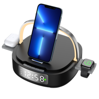 Station de charge sans fil 5 en 1 15W pour téléphone, montre, écouteurs avec réveil, lumière ambiante LED, chargeur de chevet pliable