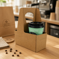 Porte-gobelets en papier kraft à paroi simple, recyclable et écologique, avec logo personnalisé imprimé, compatible avec 2/4/6 gobelets, support à emporter avec poignée
