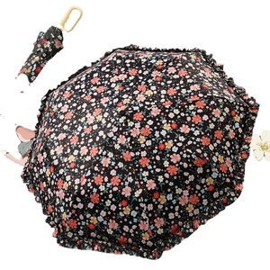 Parapluie de soleil pliant de luxe en pongee frais, imprimé floral, avec bordure en dentelle, revêtement noir, ouverture manuelle à trois volets, fermoir annulaire, pour femme - Product Image 1
