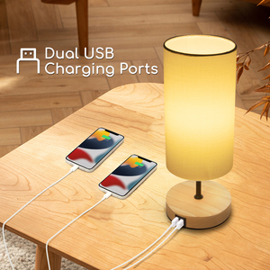 Aigostar lampada da tavolo nordica minimalista con 2 porte di ricarica USB lampade da comodino con interruttore a tirante Base in legno ABS corpo paralume in metallo - Product Image 3