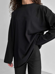 Camiseta Holgada de <span class=keywords><strong>Manga</strong></span> Larga de Moda, Color Sólido Simple, Estilo Urbano, 100% Algodón de Alta Calidad, Colección Primavera 2025 - Product Image 4
