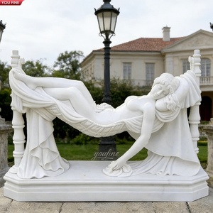 YOUFINE Escultura de Dama Recostada en Hamaca de Mármol Blanco y Beige, Estatua de Mujer Europea Tallada a Mano para Decoración Interior de Villas - Product Image 5