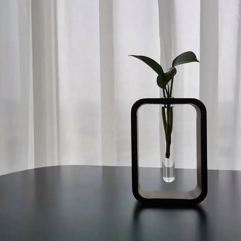<span class=keywords><strong>Kral</strong></span> tarzı yeni tasarım toptan çok amaçlı ahşap standı çerçeve Mini bitkiler şeffaf cam vazo topraksız cam vazo ahşap vazo