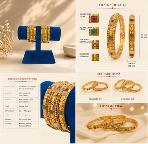 DIVYORO Juego de Brazaletes de Oro Antiguo Clásico de Diseño Premium de 50g con Incrustaciones de Piedras Multicolores, Joyería Étnica para Novias, Joyería de Boda para Mujer - Product Image 3
