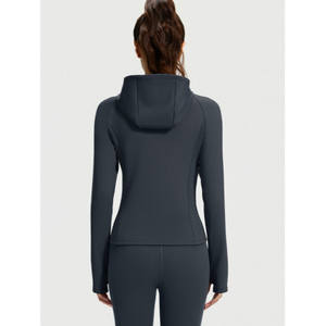 Chaqueta de punto para mujer con cintura elástica, manga larga, cremallera, capucha, de secado rápido, para fitness, color negro - Product Image 4