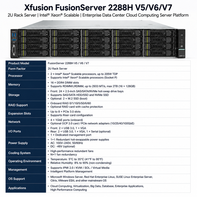 Xfusion FusionServer 2288H V5/V6/V7 2U Rack Server Intel Xeon Scalable Enterprise Data Center Cloud Computing Server Platform