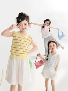 2026 Summer Kids Breathable Thin Sleeveless T-shirt for Girls, Children Striped Knit <b>Polo</b> Vest - Product Image 2