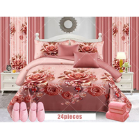 Ensemble de Literie de Mariage de Luxe 3D 24 Pièces en Gros, Dessus de Lit avec Garnissage en Coton, Couette Rouge et Jeu de Draps avec Rideaux