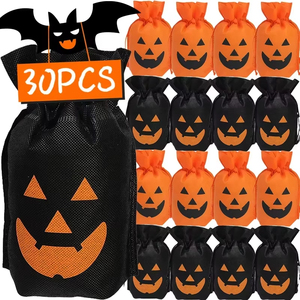 New Eco-friendly Halloween Orange Black Non Woven Folding Drawstring <b>Bag</b> with Funny Decoration and Candy Picking Handbag - Product Image 2