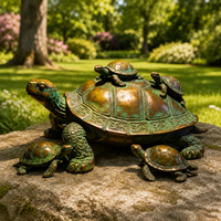 Sculpture de tortue familiale en bronze coulé à la cire perdue, patine verte antique, pour jardin extérieur, bassin et ornement paysager