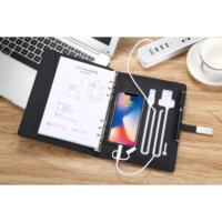 Carnet de notes exécutif en cuir PU avec logo personnalisé, format A5, batterie externe intégrée et câble de charge sans fil