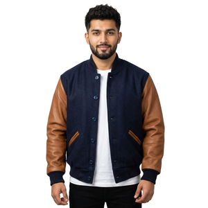แจ็คเก็ตเบสบอลแบบ Varsity สีน้ำเงิน ปี 2025 ทำจากผ้าซาติน แต่งหนังแท้  คอตั้ง  แขนเสื้อแบบ Bomber เหมาะสำหรับกีฬาในมหาวิทยาลัย  ใส่ได้ในฤดูหนาว - Product Image 1