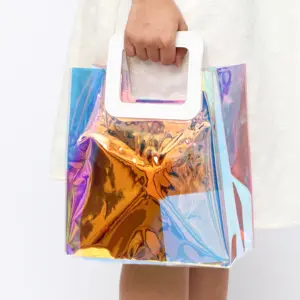 PVC shinny laser holographic travel die cut tote bags custom waterproof women shopping transparent durable handle bag